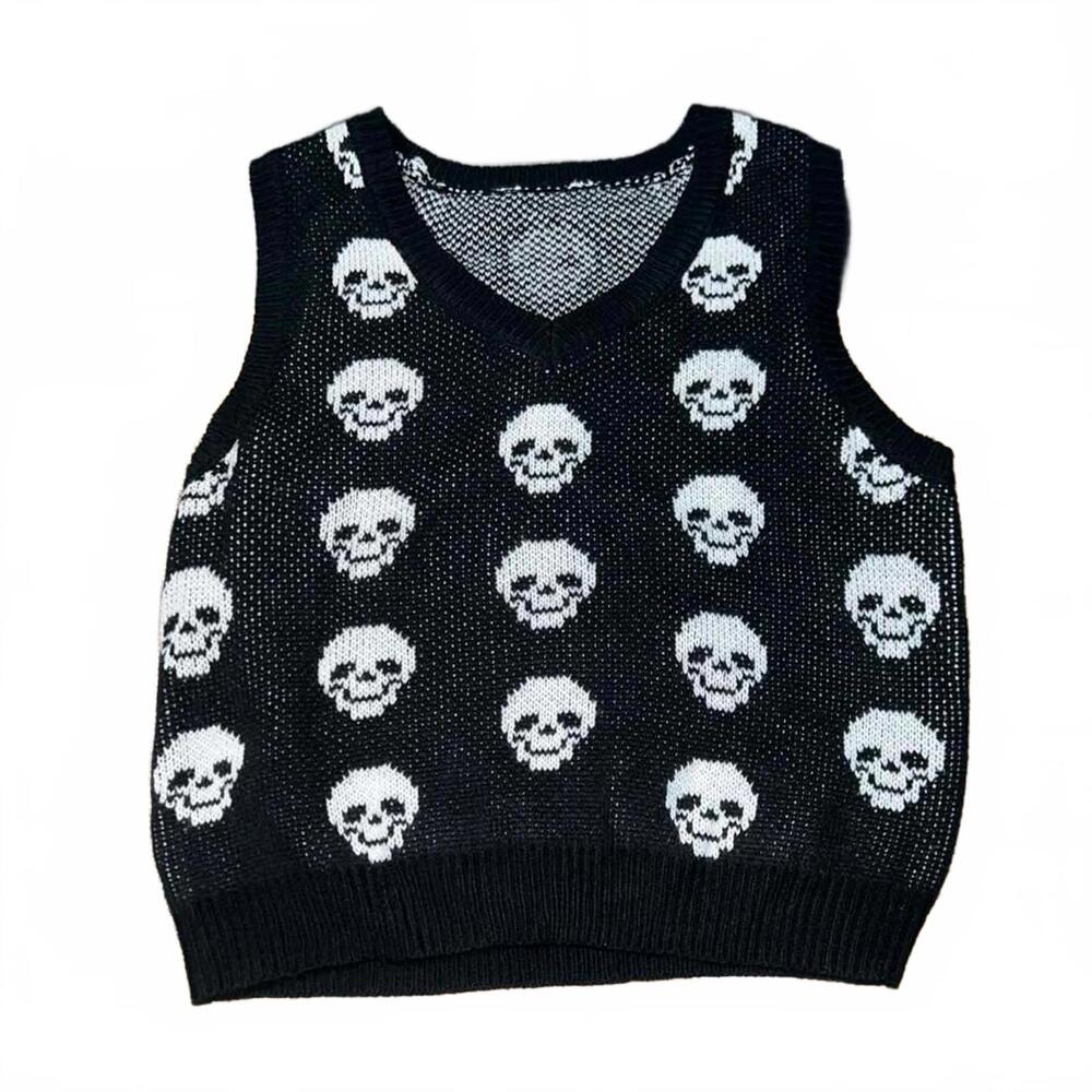Black Knit Vest with White Skull Pattern Womens Small